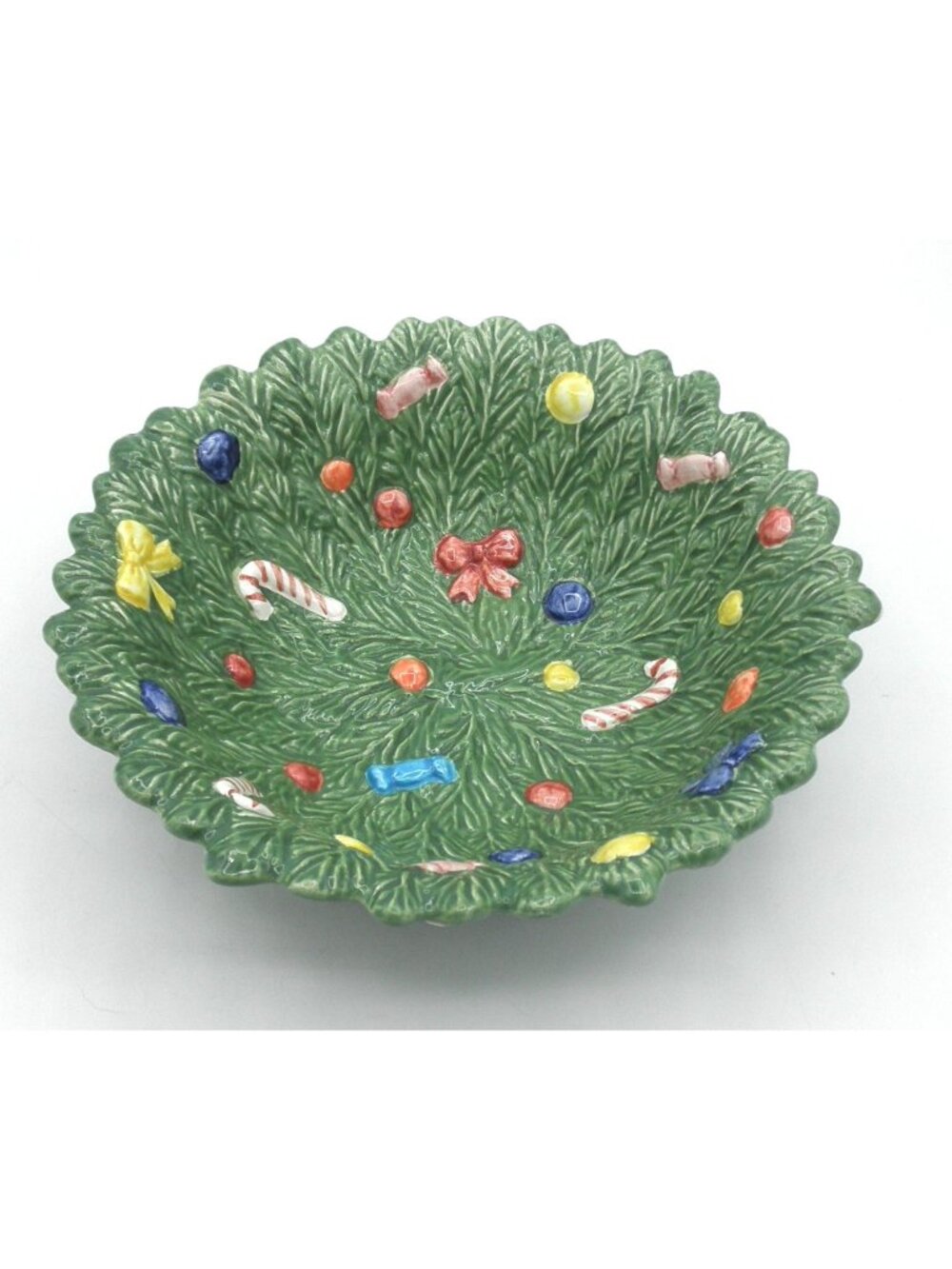Vintage RCPC Majolica Christmas Overlapping Pine Needles Candy Bowl 8-1/4 Inches